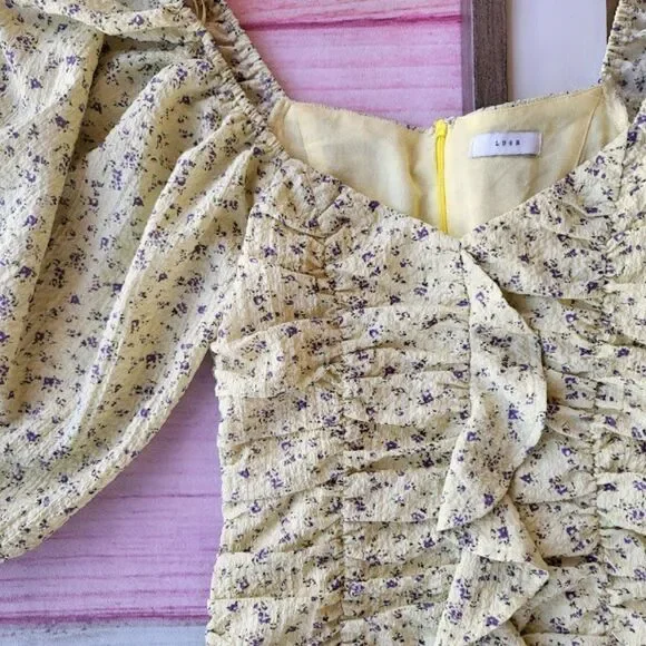 Lush Yellow Floral Puff Sleeves Ruched Ruffle Fitted Bodycon Mini Dress Small - Picture 4 of 6